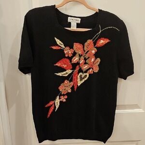 ALFRED DUNNER Women's M Beaded‎ Floral Knit Top Vintage Fall Grandmacore